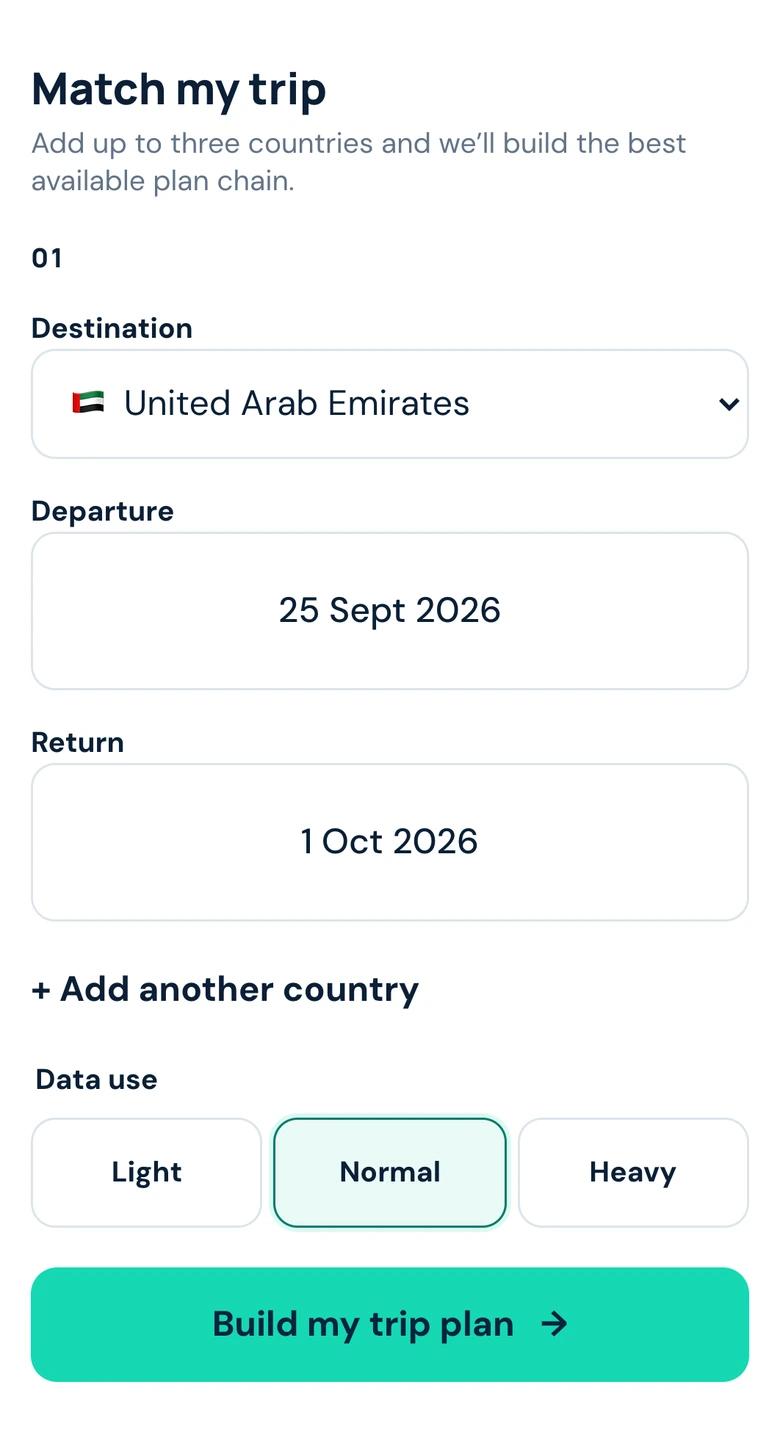 RoamNow trip matcher with a destination and travel dates selected