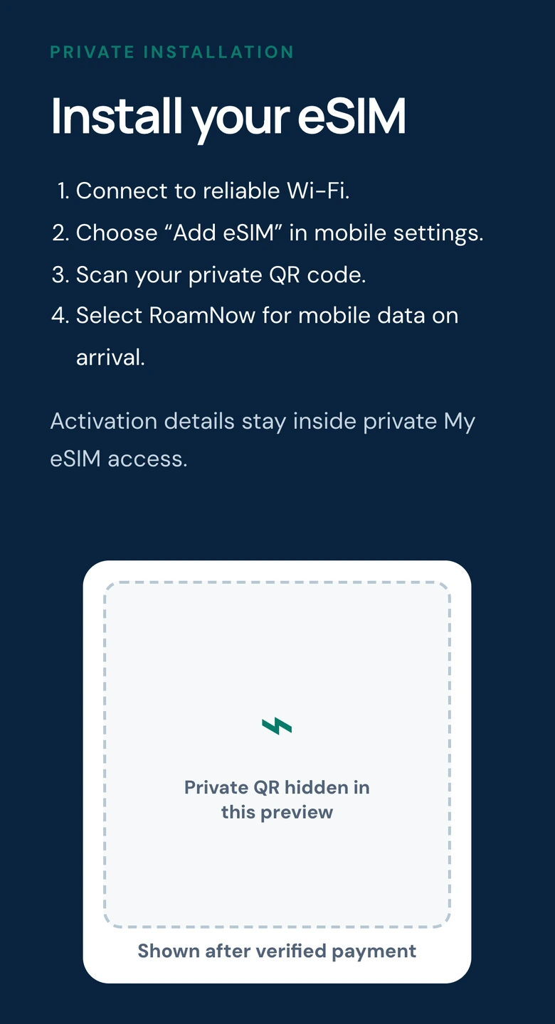 Privacy-safe preview of RoamNow eSIM installation guidance