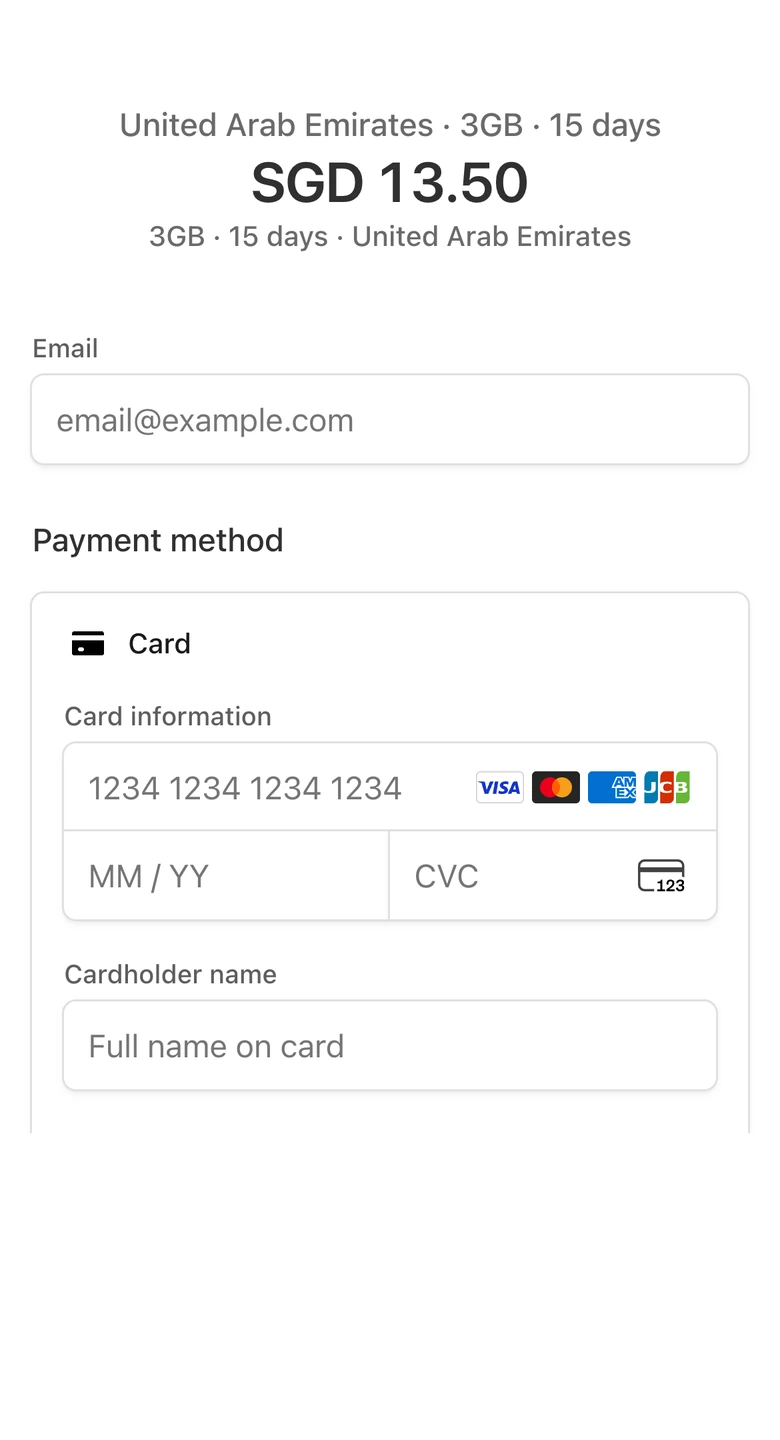 Stripe-hosted checkout for a RoamNow travel eSIM